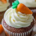 Carrot Cake Cupcakes with a swirl of cream cheese frosting on a wire rack