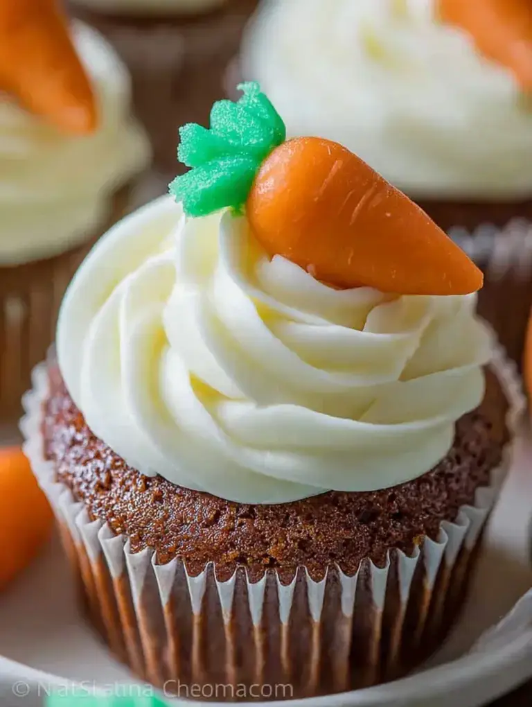 Carrot Cake Cupcakes with a swirl of cream cheese frosting on a wire rack