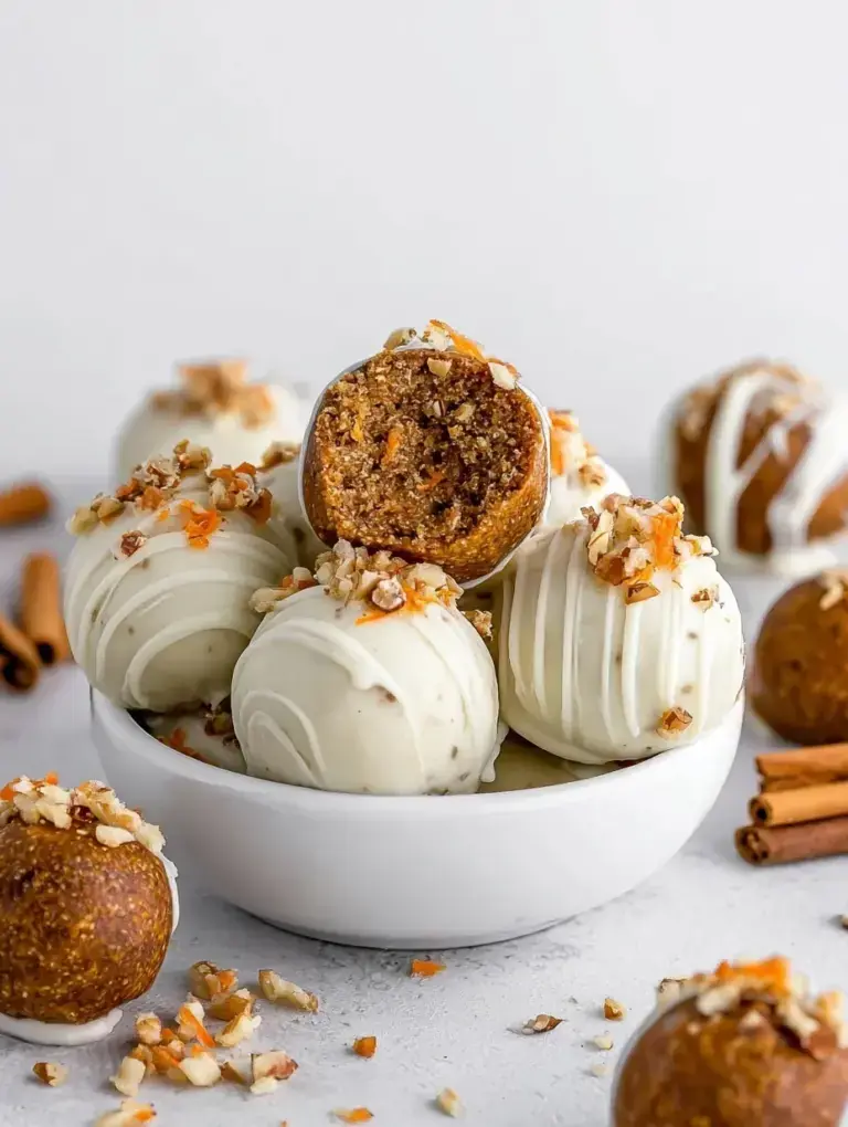 A tray of white chocolate coated Carrot Cake Truffles with orange drizzle and crushed walnuts