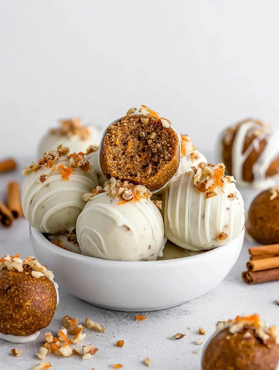 A tray of white chocolate coated Carrot Cake Truffles with orange drizzle and crushed walnuts