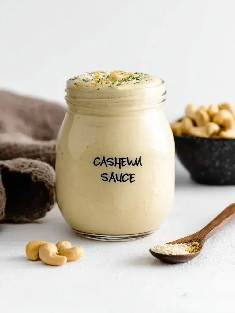 Smooth and creamy Cashew Cream Sauce in a glass jar showing a velvety texture.