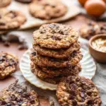 A stack of freshly baked Chewy Oatmeal Chocolate Chip Cookies on a cooling rack