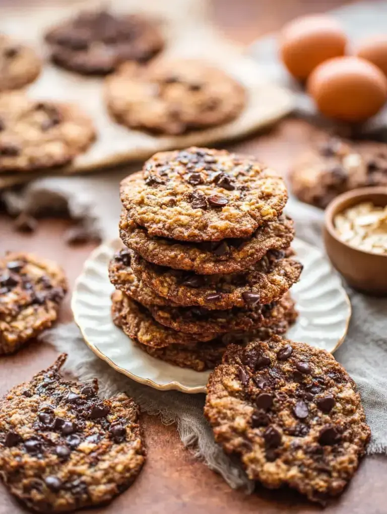 A stack of freshly baked Chewy Oatmeal Chocolate Chip Cookies on a cooling rack