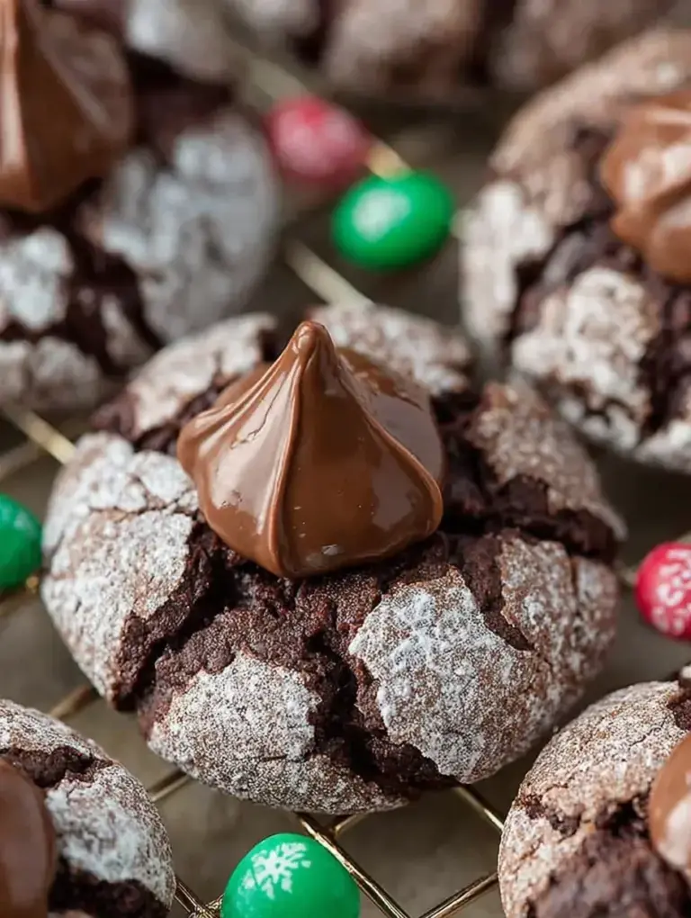 Freshly baked Chocolate Blossom Cookies on a wire rack with chocolate drops in the center