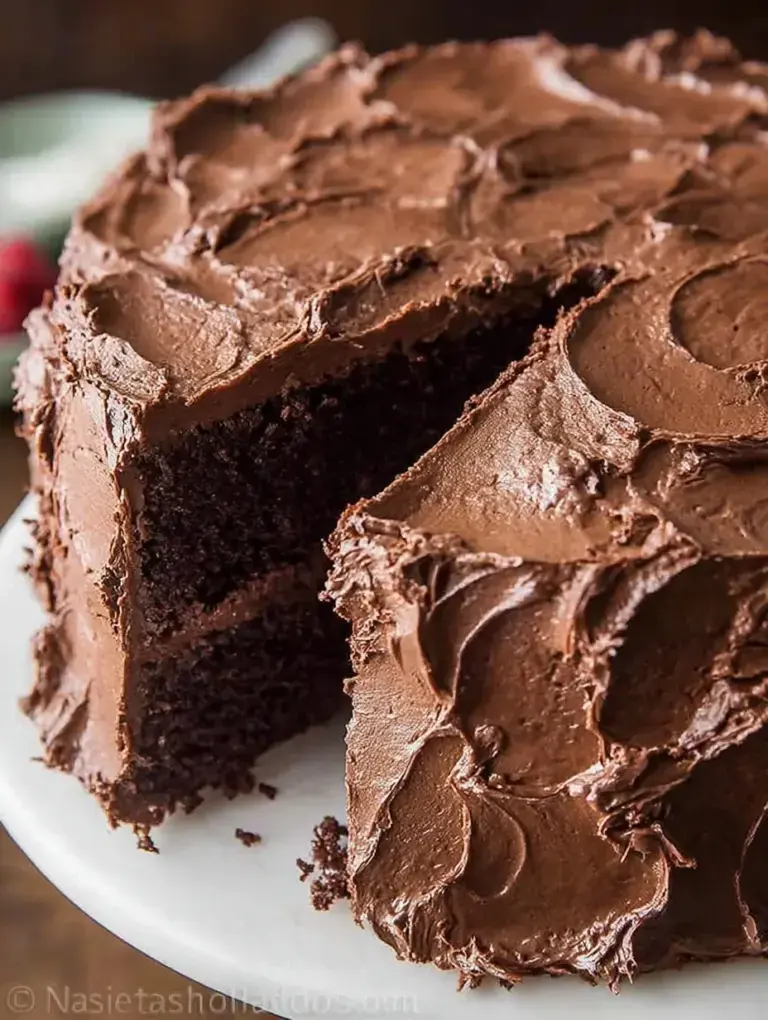 A slice of Classic Moist Chocolate Cake on a white plate showing a tender crumb.