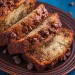 A thick slice of Chocolate Chip Banana Bread with melted chocolate chips on a wooden board