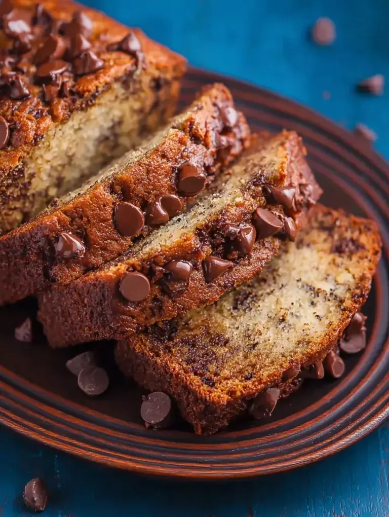 A thick slice of Chocolate Chip Banana Bread with melted chocolate chips on a wooden board