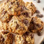 A tray of freshly baked Chocolate Chip Banana Oatmeal Cookies on parchment paper