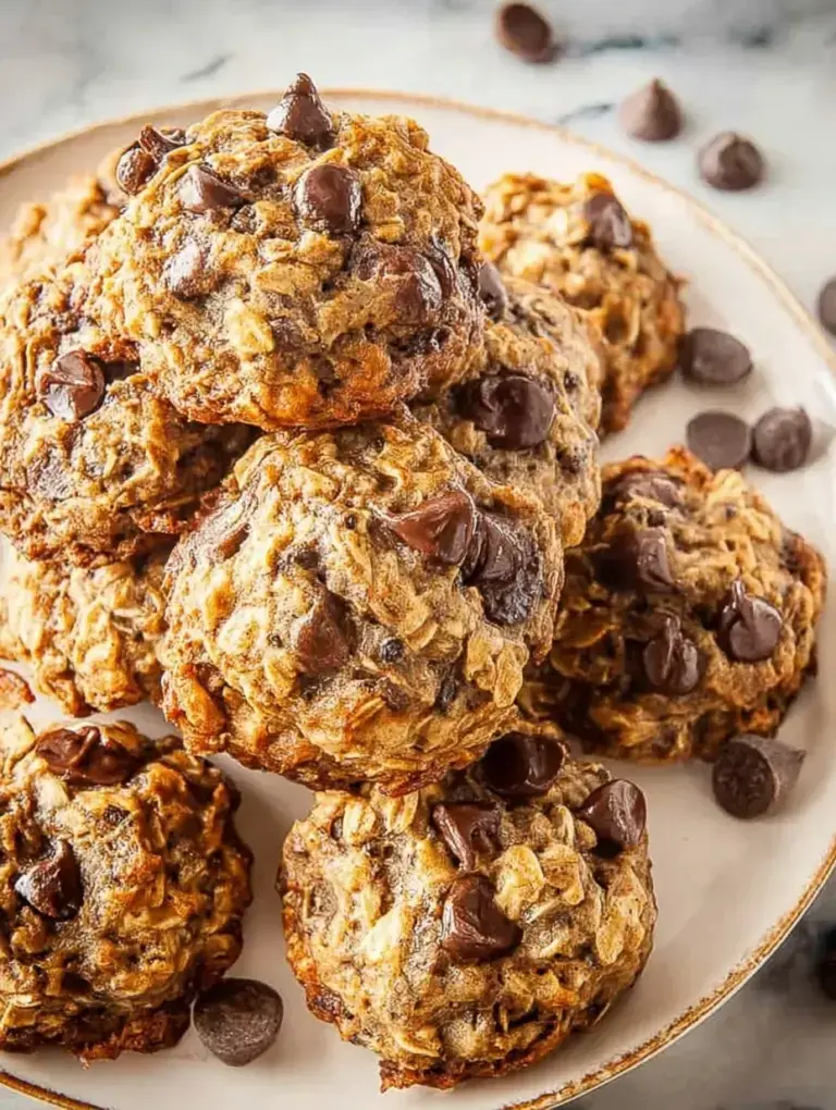 A tray of freshly baked Chocolate Chip Banana Oatmeal Cookies on parchment paper