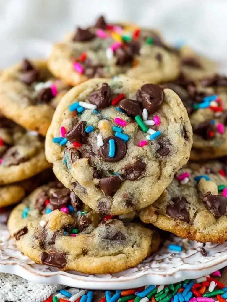 A stack of buttery Chocolate Chip Birthday Cookies with melting chocolate and colorful sprinkles on a cooling rack