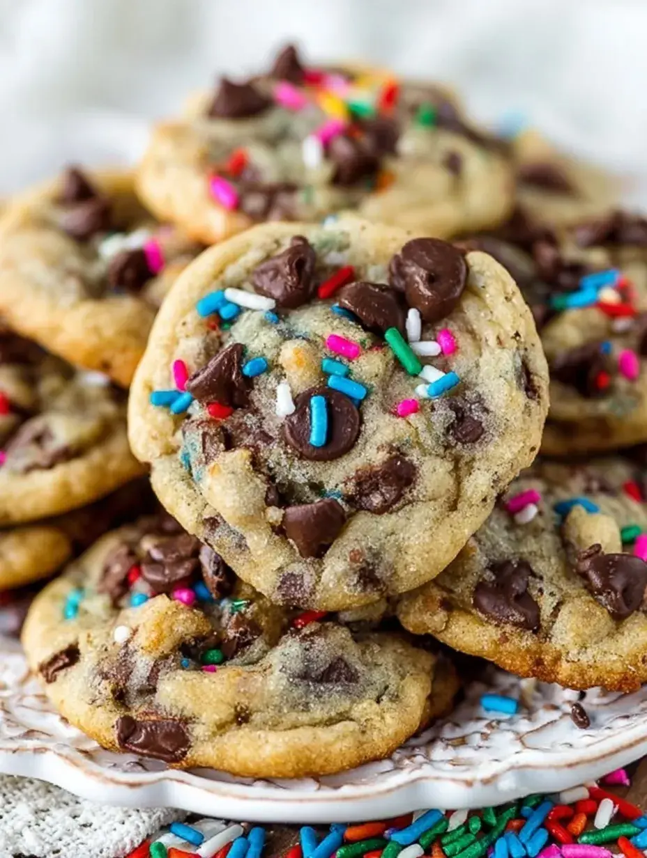 A stack of buttery Chocolate Chip Birthday Cookies with melting chocolate and colorful sprinkles on a cooling rack