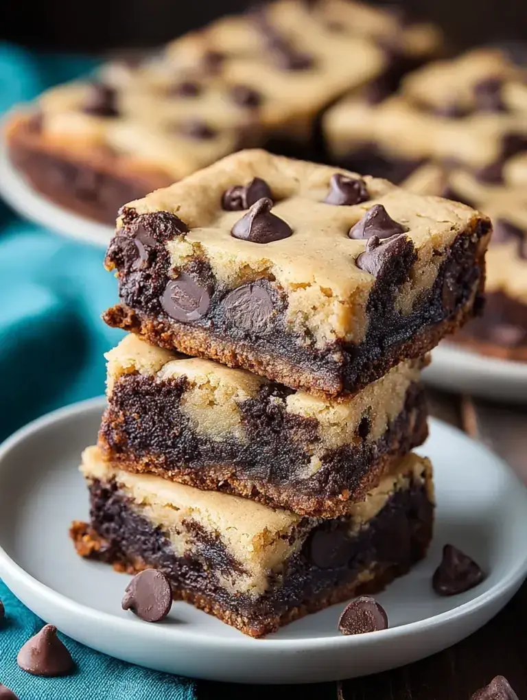A stack of homemade Chocolate Chip Cookie Brownies showing the fudgy brownie layer and chewy cookie top