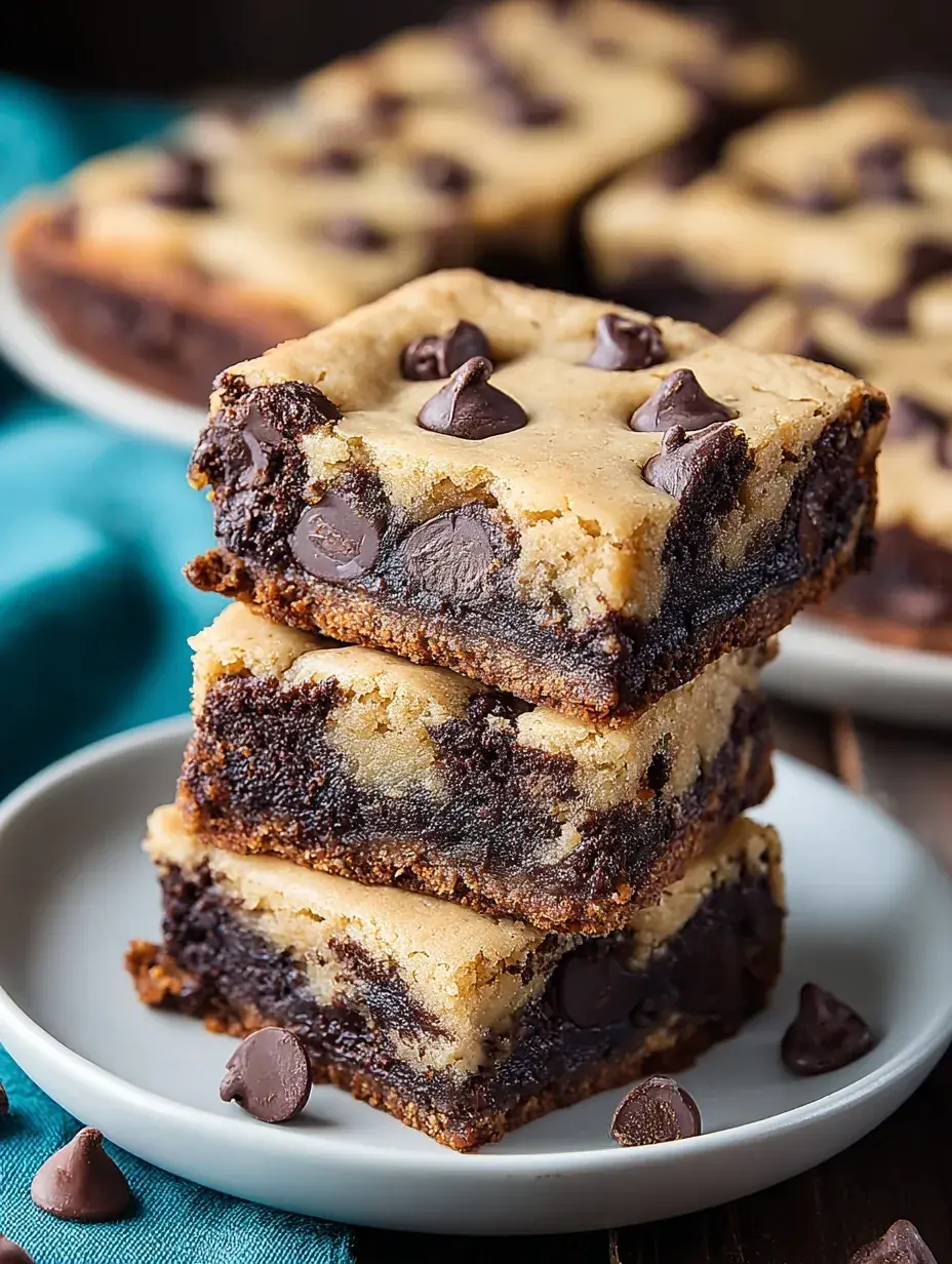 A stack of homemade Chocolate Chip Cookie Brownies showing the fudgy brownie layer and chewy cookie top