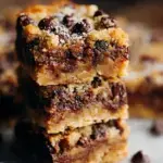 A stack of golden brown Chocolate Chip Cookie Butter Bars with melty semi-sweet chocolate chips.