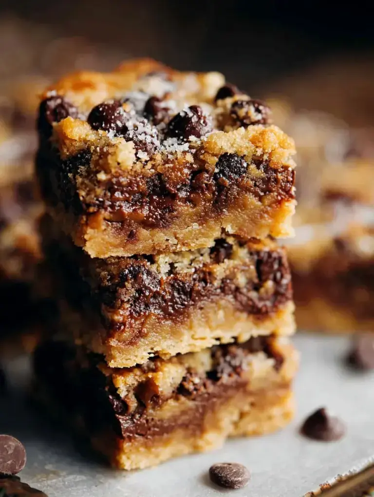 A stack of golden brown Chocolate Chip Cookie Butter Bars with melty semi-sweet chocolate chips.