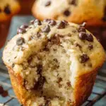 Freshly baked Bakery Style Chocolate Chip Muffins with tall golden domes and melty chocolate chips