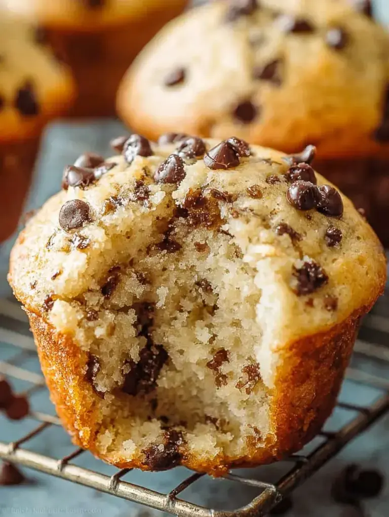 Freshly baked Bakery Style Chocolate Chip Muffins with tall golden domes and melty chocolate chips