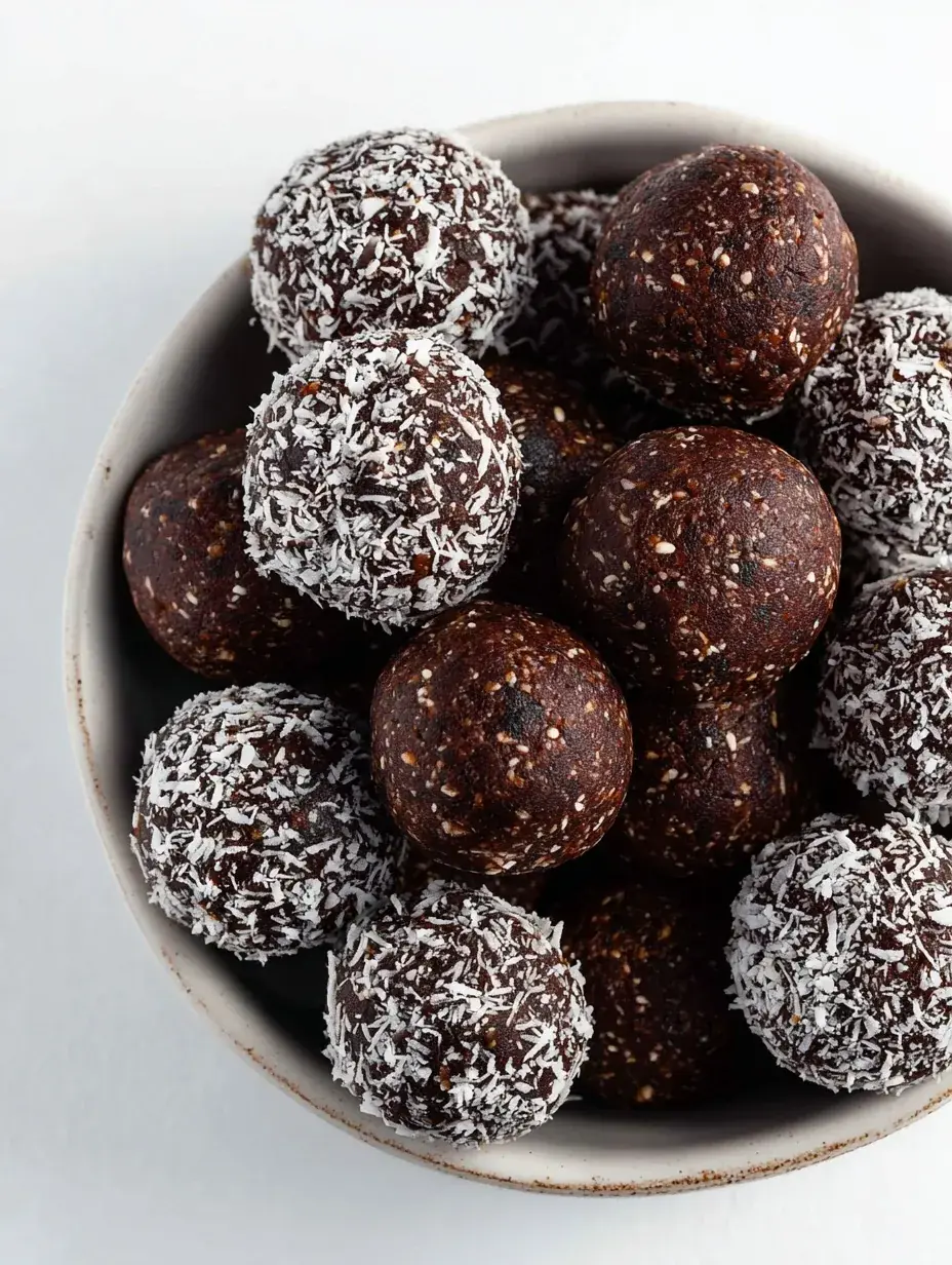 A tray of round Chocolate Coconut Energy Balls coated in shredded coconut
