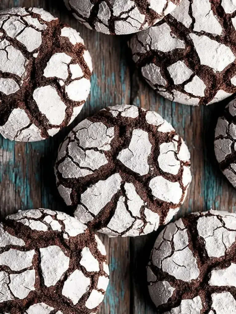 A stack of freshly baked Chocolate Crinkle Cookies showing deep cracks and white powdered sugar