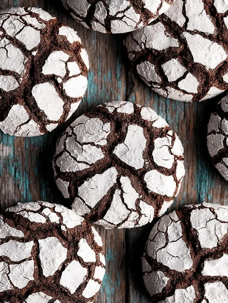 A stack of freshly baked Chocolate Crinkle Cookies showing deep cracks and white powdered sugar