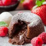 Warm Chocolate Lava Cakes served on a white plate with a molten center flowing out