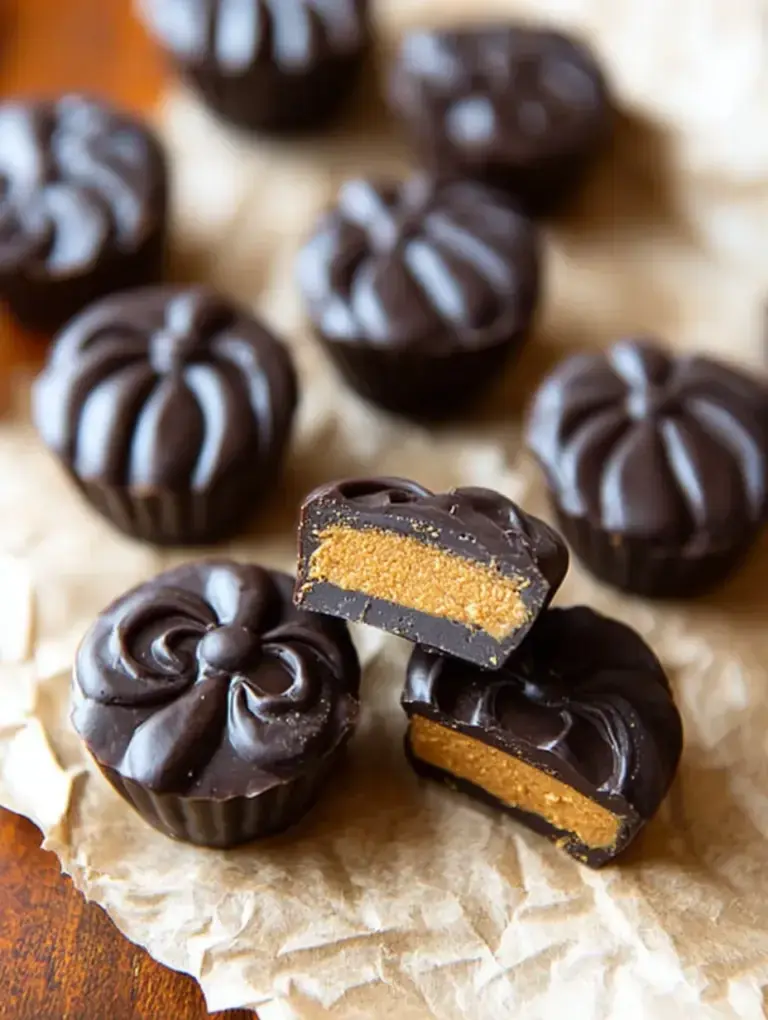 A tray of homemade Chocolate Pumpkin Butter Cups sitting on a wooden board with autumn decorations.