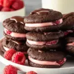 A stack of homemade Chocolate Raspberry Sandwich Cookies on a wooden cooling rack