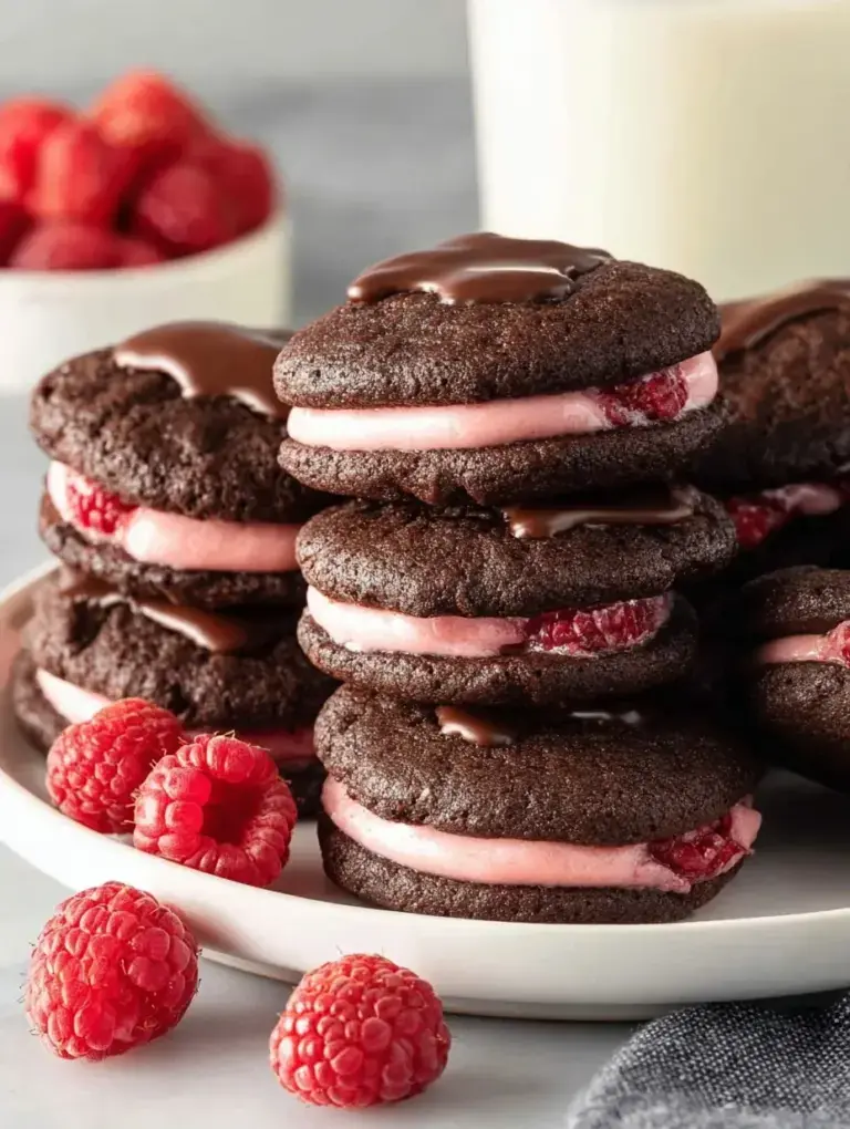 A stack of homemade Chocolate Raspberry Sandwich Cookies on a wooden cooling rack
