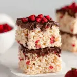 A tray of Chocolate Strawberry Rice Krispie Treats with a dark chocolate drizzle and pink strawberry pieces
