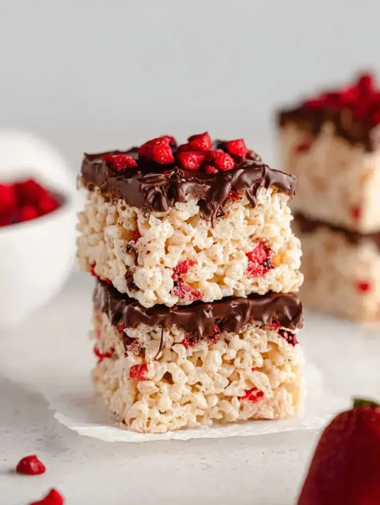 A tray of Chocolate Strawberry Rice Krispie Treats with a dark chocolate drizzle and pink strawberry pieces