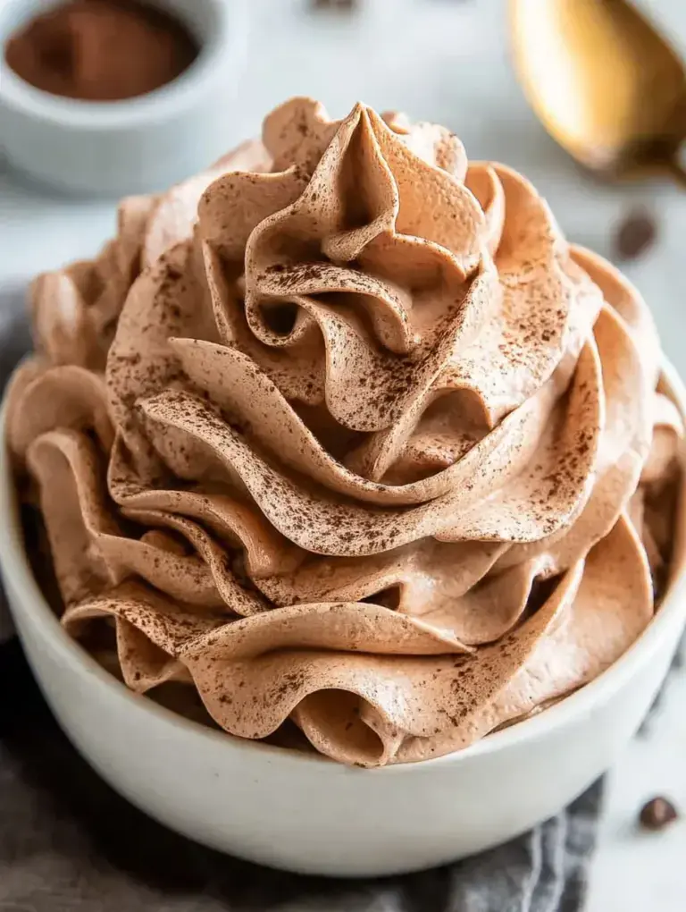 A bowl of fluffy Chocolate Whipped Cream with a whisk and cocoa powder