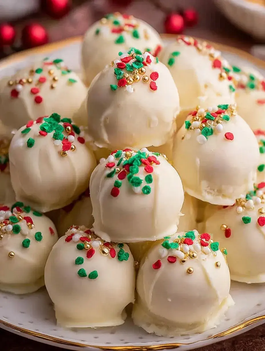 A plate of white chocolate covered Christmas Golden Oreo Truffles with red and green sprinkles.