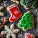 A tray of decorated Christmas Sugar Cookies in festive holiday shapes