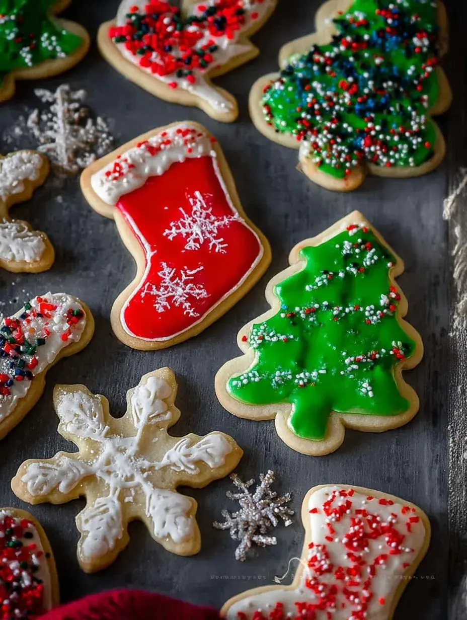 A tray of decorated Christmas Sugar Cookies in festive holiday shapes