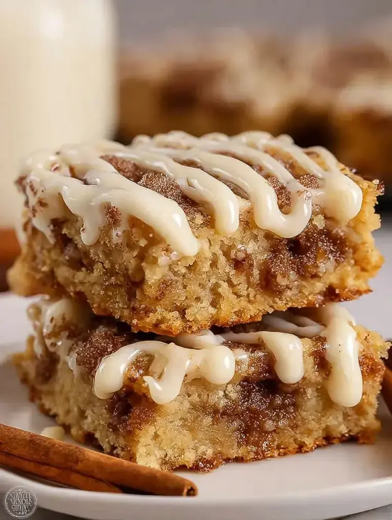 A close up shot of sliced Cinnamon Roll Blondies with a white vanilla glaze drizzle on a piece of parchment paper.