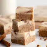 A tray of sliced Cinnamon Roll Fudge with beautiful brown sugar and cinnamon swirls