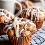 Golden Cinnamon Roll Muffins drizzled with white vanilla glaze on a wire rack