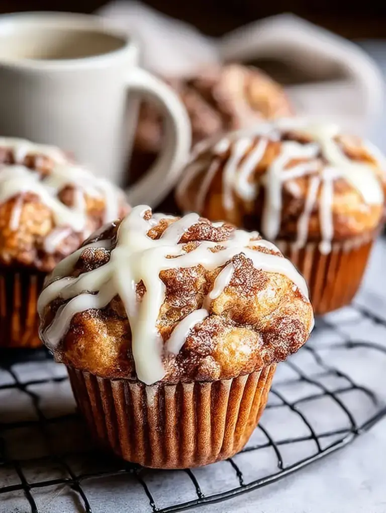 Golden Cinnamon Roll Muffins drizzled with white vanilla glaze on a wire rack