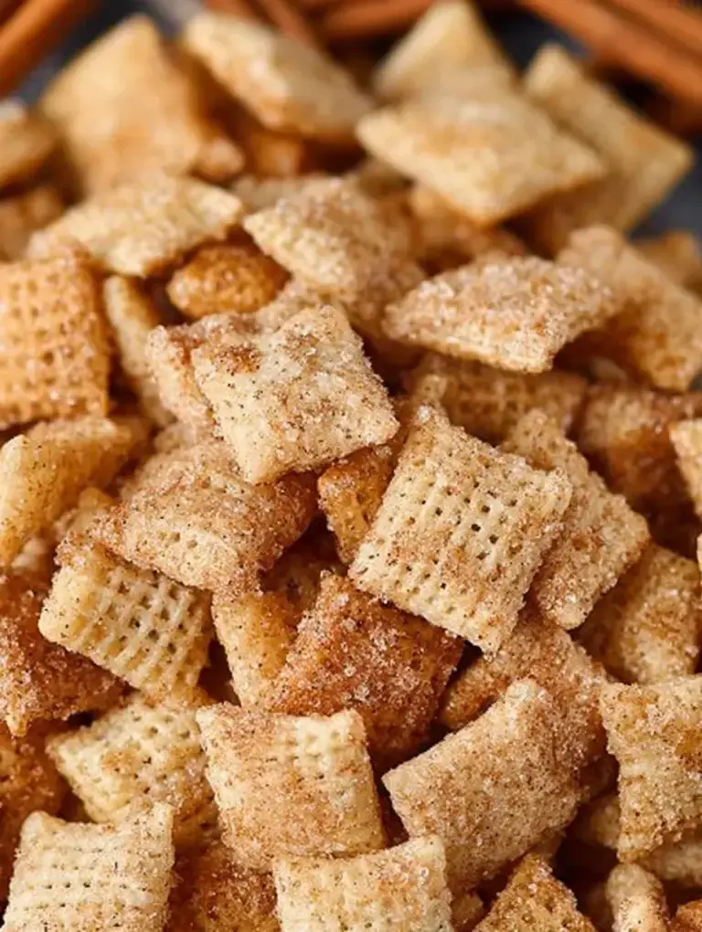 A bowl of golden Cinnamon Sugar Chex Mix with a sparkly sugar coating