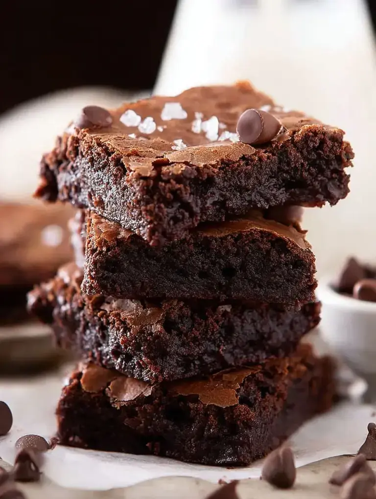 A stack of freshly baked Cocoa Powder Brownies with shiny tops and fudgy centers on a wire rack.