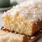 A golden brown Coconut Loaf Cake sliced on a wooden board