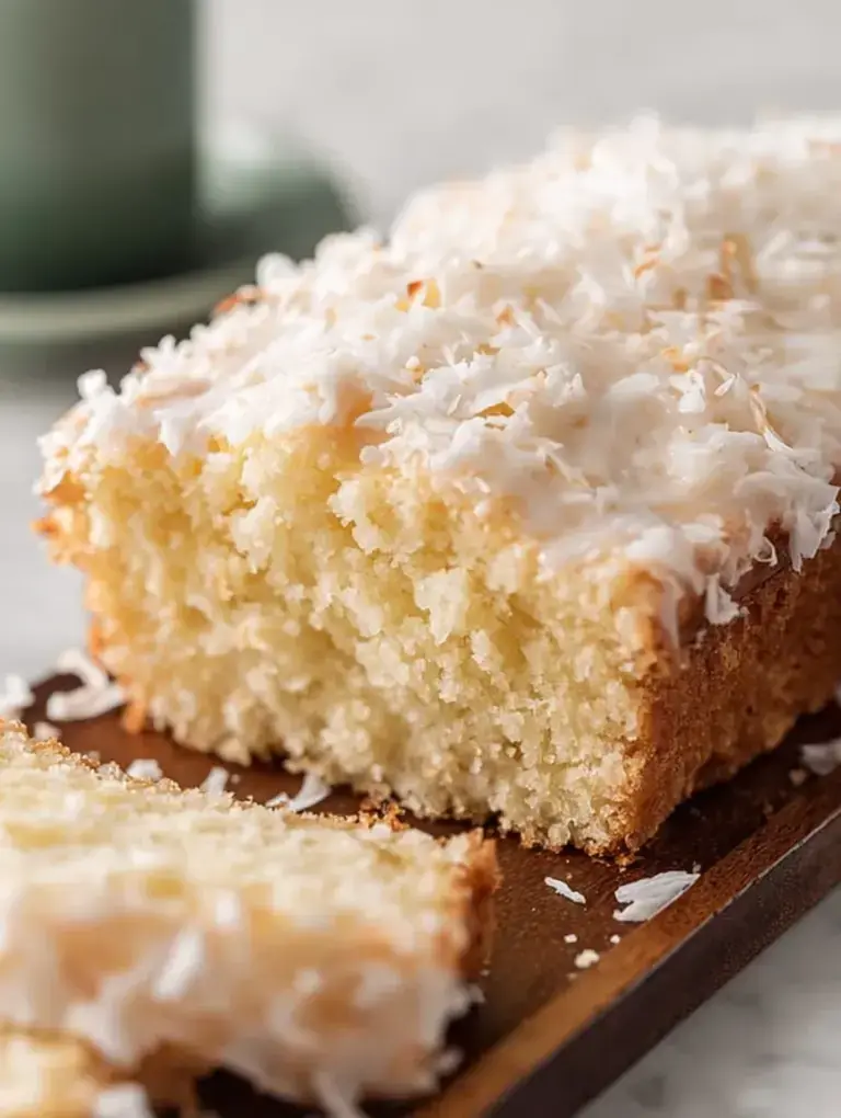 A golden brown Coconut Loaf Cake sliced on a wooden board