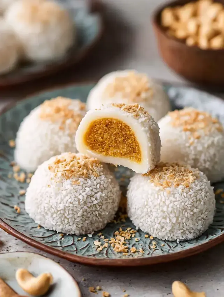 White Coconut Peanut Mochi balls on a plate coated in desiccated coconut