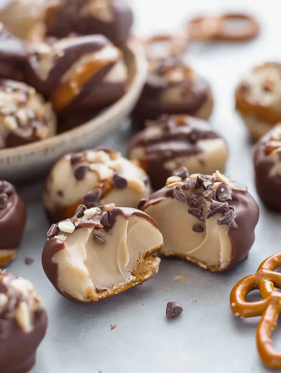 A tray of chocolate-dipped Cookie Dough Pretzel Bites resting on parchment paper