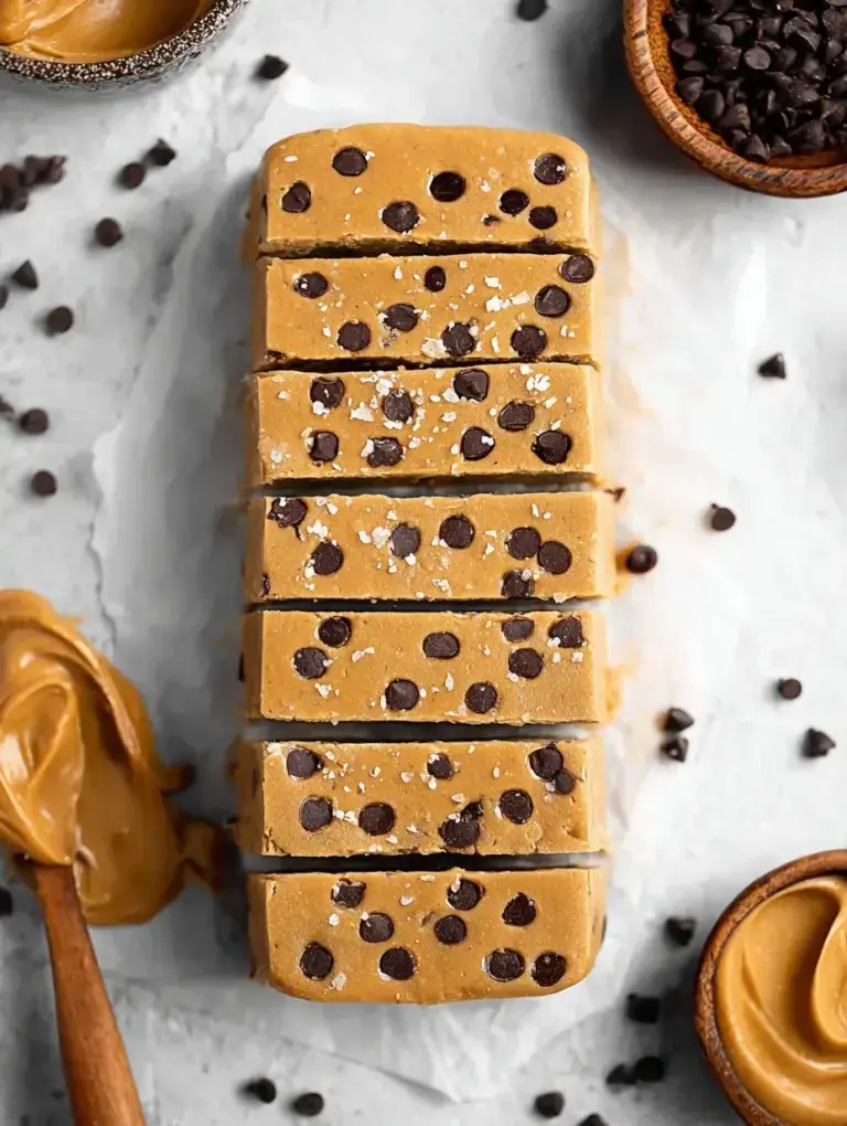 Homemade Vegan and Gluten-Free Cookie Dough Protein Bars sliced on parchment paper