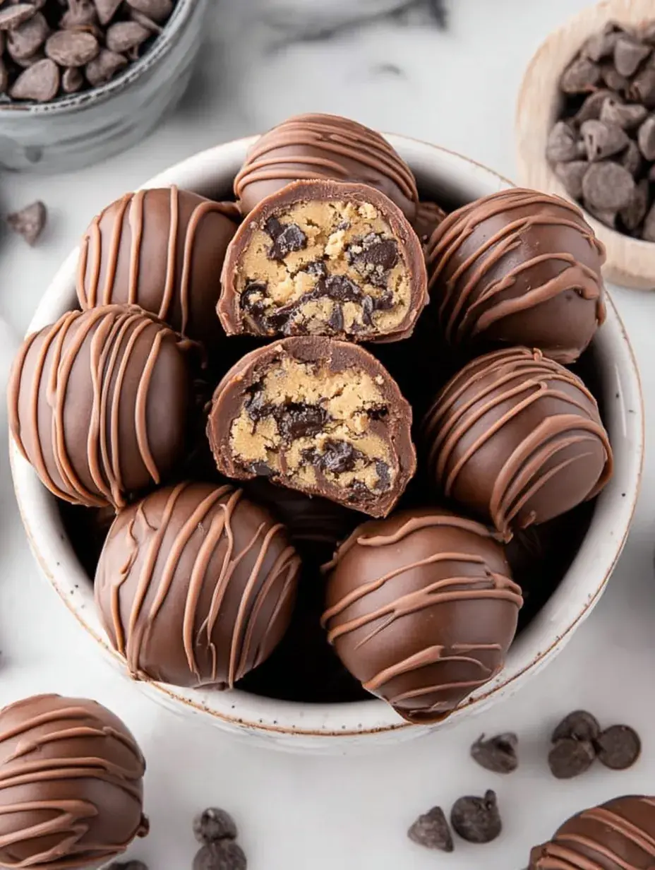 A plate of chocolate-covered Cookie Dough Truffles with a bite taken out showing the soft dough center