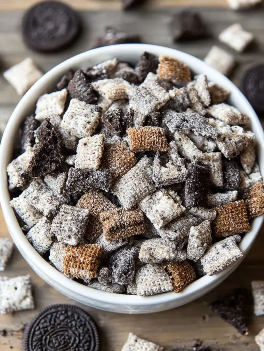 A bowl of Cookies and Cream Muddy Buddies coated in white chocolate and cookie crumbs.