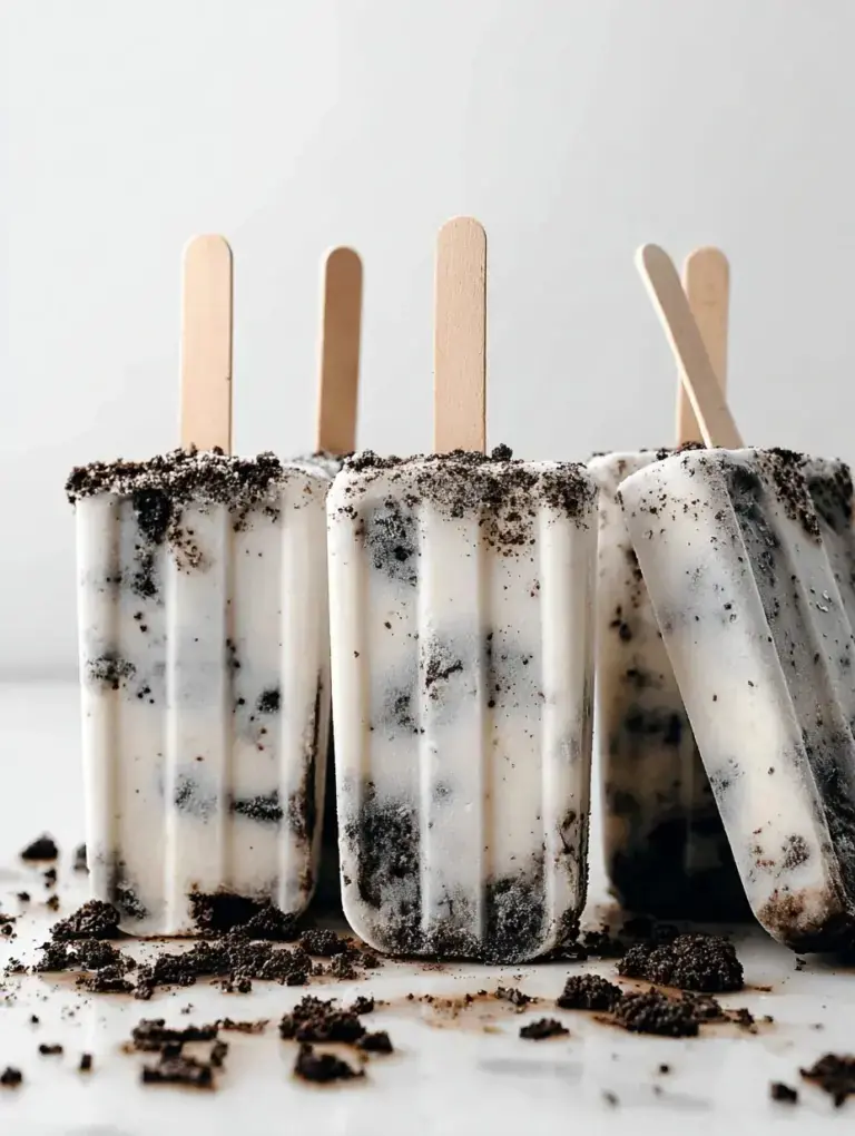 Six Vegan Cookies and Cream Popsicles in molds with cookie crumbs on top