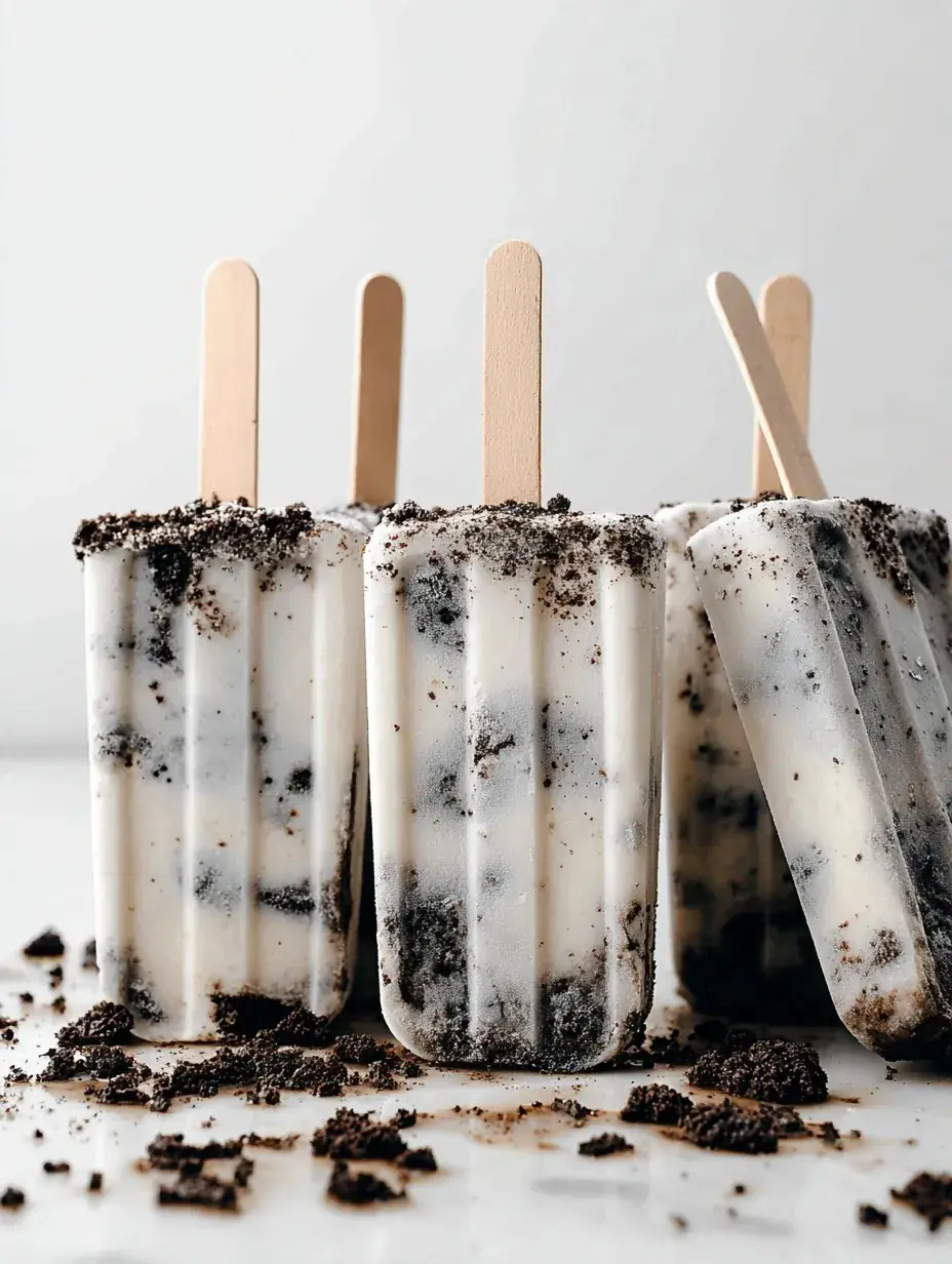 Six Vegan Cookies and Cream Popsicles in molds with cookie crumbs on top