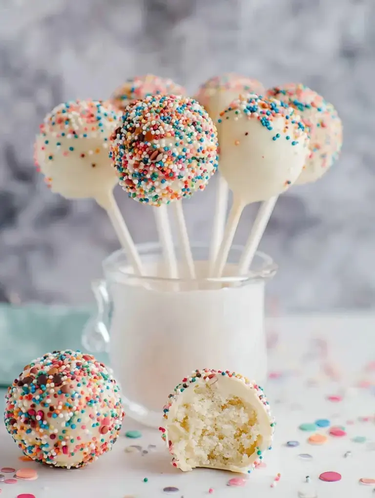 A tray of homemade Copycat Starbucks Birthday Cake Pops with pink coating and white sprinkles